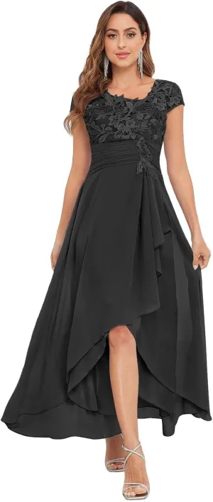 Mother of The Bride Dresses Chiffon Short Sleeve with Tea Length A-line Lace Applique Formal Evening Gown