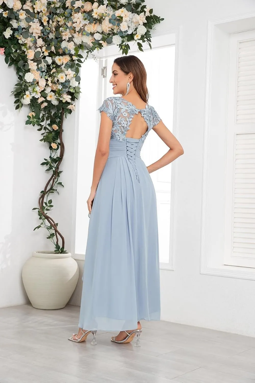 Mother of The Bride Dresses Chiffon Short Sleeve with Tea Length A-line Lace Applique Formal Evening Gown