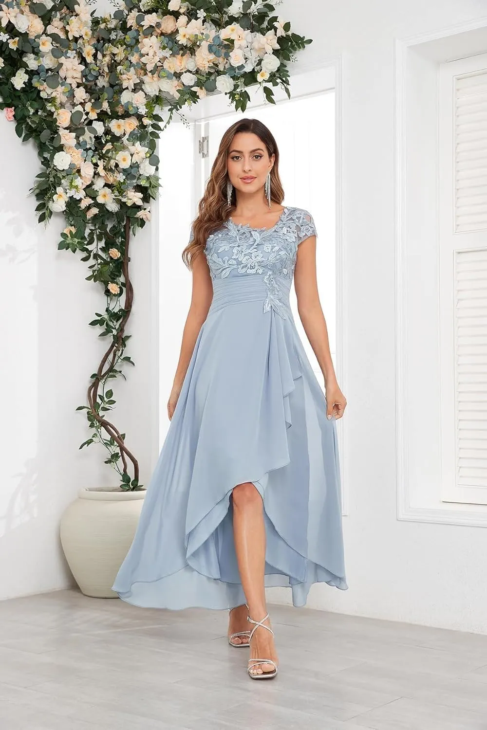Mother of The Bride Dresses Chiffon Short Sleeve with Tea Length A-line Lace Applique Formal Evening Gown
