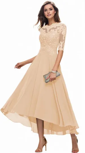 Mother of The Bride Dresses for Wedding 1/2 Sleeves High Low Chiffon Scoop Neck Formal Evening Dresses