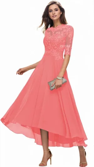 Mother of The Bride Dresses for Wedding 1/2 Sleeves High Low Chiffon Scoop Neck Formal Evening Dresses