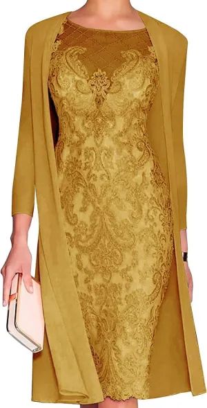 Mother of The Bride Dresses for Wedding Lace Knee Length Chiffon Gowns Dress 3/4 Length Sleeve Lace Formal Dresses