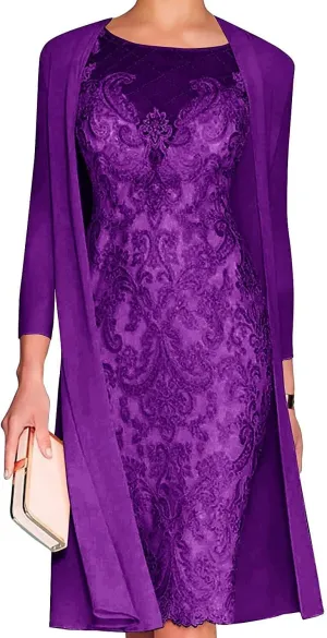 Mother of The Bride Dresses for Wedding Lace Knee Length Chiffon Gowns Dress 3/4 Length Sleeve Lace Formal Dresses