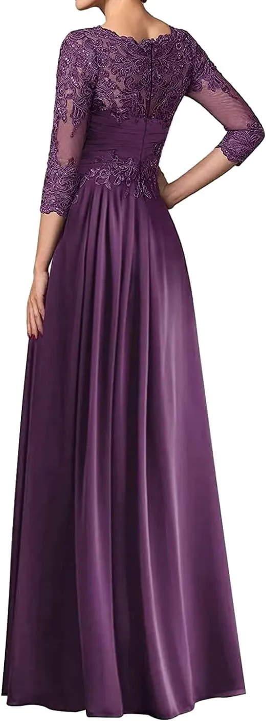 Mother of The Bride Dresses for Wedding Long Evening Formal Dresses Lace Wedding Guest Groom Gowns 3/4 Sleeve Ruffles
