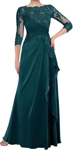 Mother of The Bride Dresses for Wedding Long Evening Formal Dresses Lace Wedding Guest Groom Gowns 3/4 Sleeve Ruffles