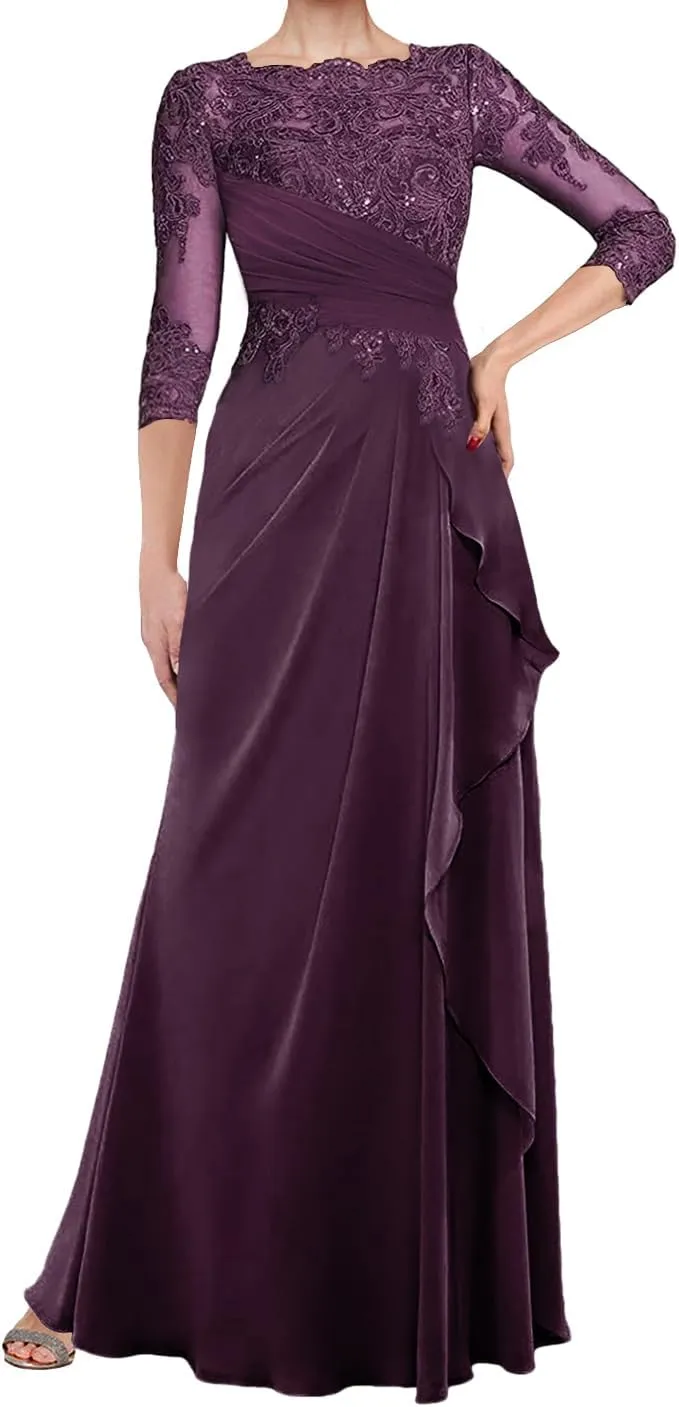 Mother of The Bride Dresses for Wedding Long Evening Formal Dresses Lace Wedding Guest Groom Gowns 3/4 Sleeve Ruffles