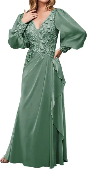Mother of The Bride Dresses for Wedding Long Evening Formal Dresses V Neck Wedding Guest Groom Dress Long Sleeve Ruffles