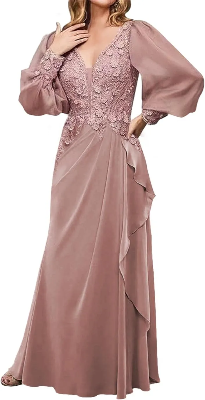 Mother of The Bride Dresses for Wedding Long Evening Formal Dresses V Neck Wedding Guest Groom Dress Long Sleeve Ruffles
