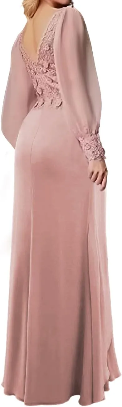 Mother of The Bride Dresses for Wedding Long Evening Formal Dresses V Neck Wedding Guest Groom Dress Long Sleeve Ruffles