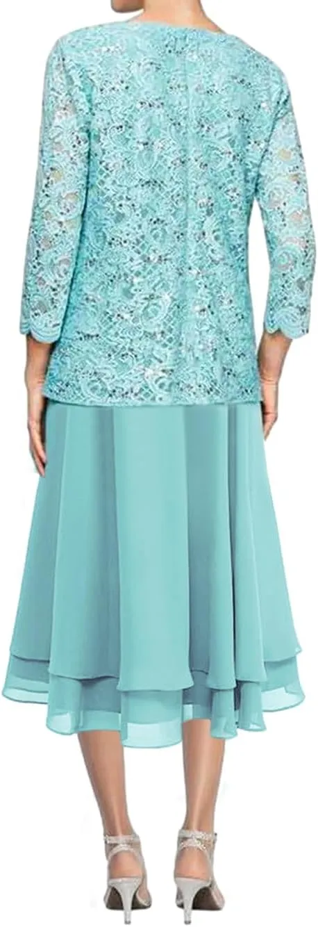 Mother of The Bride Dresses for Wedding Tea Length Evening Formal Dresses Chiffon Wedding Guest Groom Tiered Lace Jacket