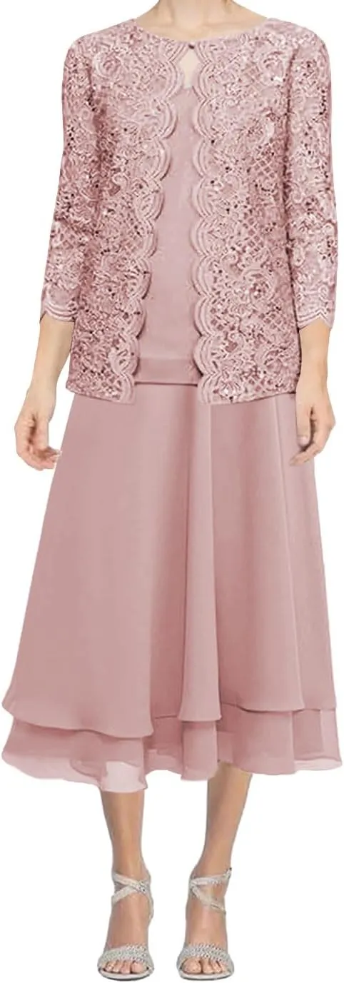 Mother of The Bride Dresses for Wedding Tea Length Evening Formal Dresses Chiffon Wedding Guest Groom Tiered Lace Jacket