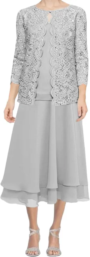 Mother of The Bride Dresses for Wedding Tea Length Evening Formal Dresses Chiffon Wedding Guest Groom Tiered Lace Jacket