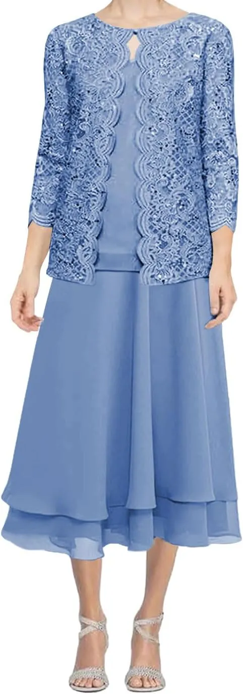 Mother of The Bride Dresses for Wedding Tea Length Evening Formal Dresses Chiffon Wedding Guest Groom Tiered Lace Jacket