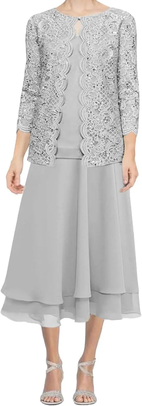 Mother of The Bride Dresses for Wedding Tea Length Evening Formal Dresses Chiffon Wedding Guest Groom Tiered Lace Jacket