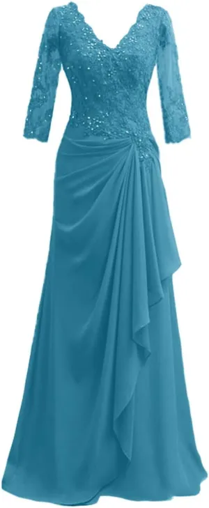 Mother of The Bride Dresses Long Evening Formal Dress V Neck Wedding Guest Dresses for Women Ruffle Lace Applique Beaded