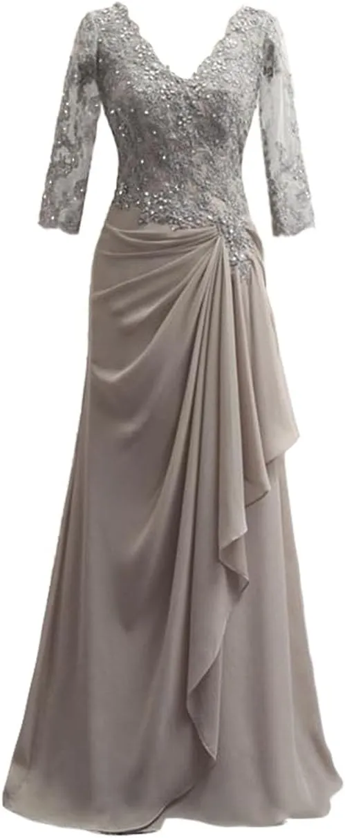 Mother of The Bride Dresses Long Evening Formal Dress V Neck Wedding Guest Dresses for Women Ruffle Lace Applique Beaded