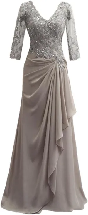 Mother of The Bride Dresses Long Evening Formal Dress V Neck Wedding Guest Dresses for Women Ruffle Lace Applique Beaded
