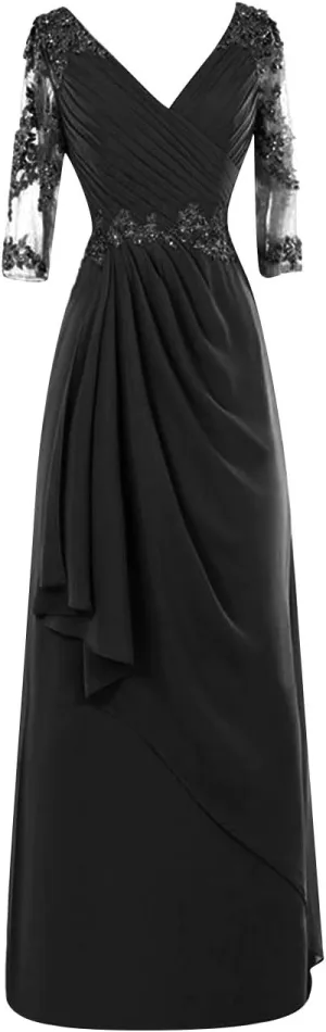 Mother of The Bride Dresses Long Evening Formal Gowns Lace Applique Wedding Guest Groom Beaded Ruffles 3/4 Sleeve Women