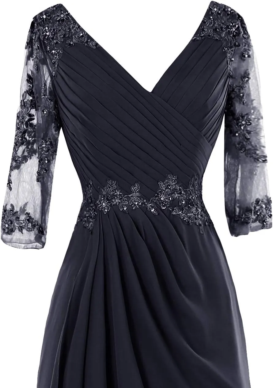 Mother of The Bride Dresses Long Evening Formal Gowns Lace Applique Wedding Guest Groom Beaded Ruffles 3/4 Sleeve Women