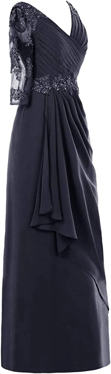 Mother of The Bride Dresses Long Evening Formal Gowns Lace Applique Wedding Guest Groom Beaded Ruffles 3/4 Sleeve Women