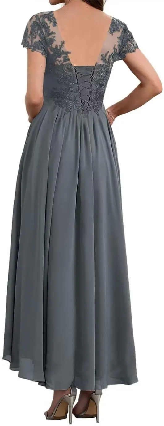 Mother of The Bride Dresses Tea Length Lace Appliques Chiffon Short Sleeve V Neck Formal Evening Dresses for Women