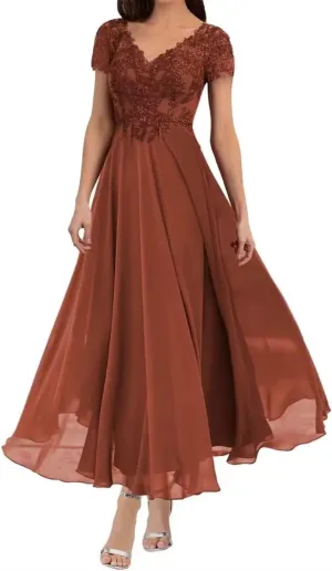 Mother of The Bride Dresses Tea Length Lace Appliques Chiffon Short Sleeve V Neck Formal Evening Dresses for Women