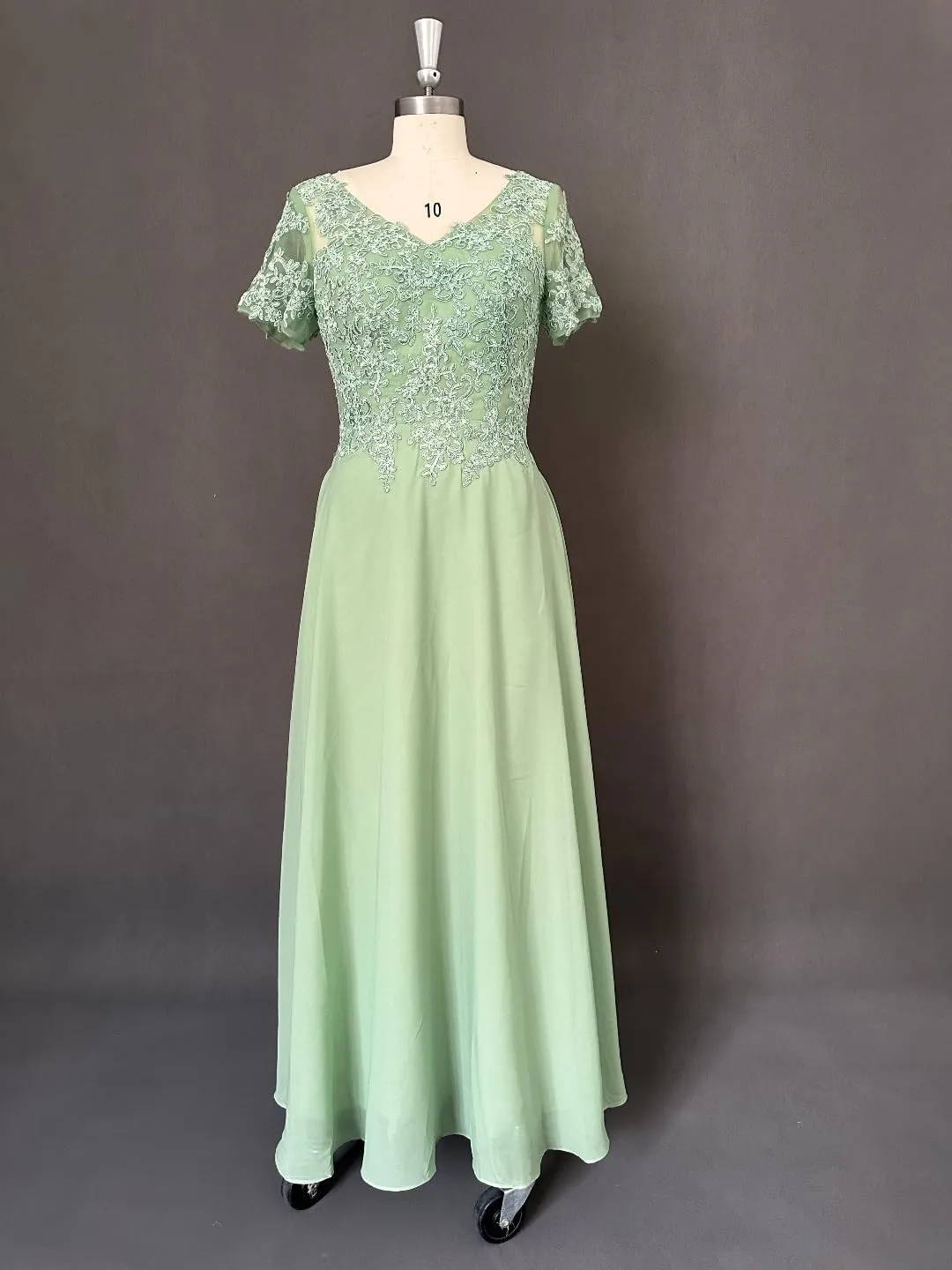 Mother of The Bride Dresses Tea Length Lace Appliques Chiffon Short Sleeve V Neck Formal Evening Dresses for Women