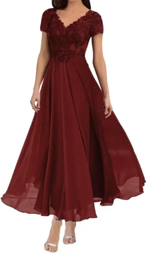 Mother of The Bride Dresses Tea Length Lace Appliques Chiffon Short Sleeve V Neck Formal Evening Dresses for Women