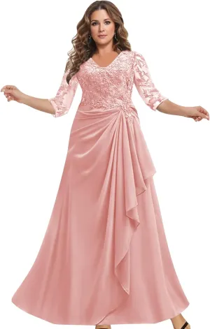 Mother of The Bride Dresses with Sleeves Lace Applique Chiffon V Neck Ruffle Long Formal Wedding Evening Dress
