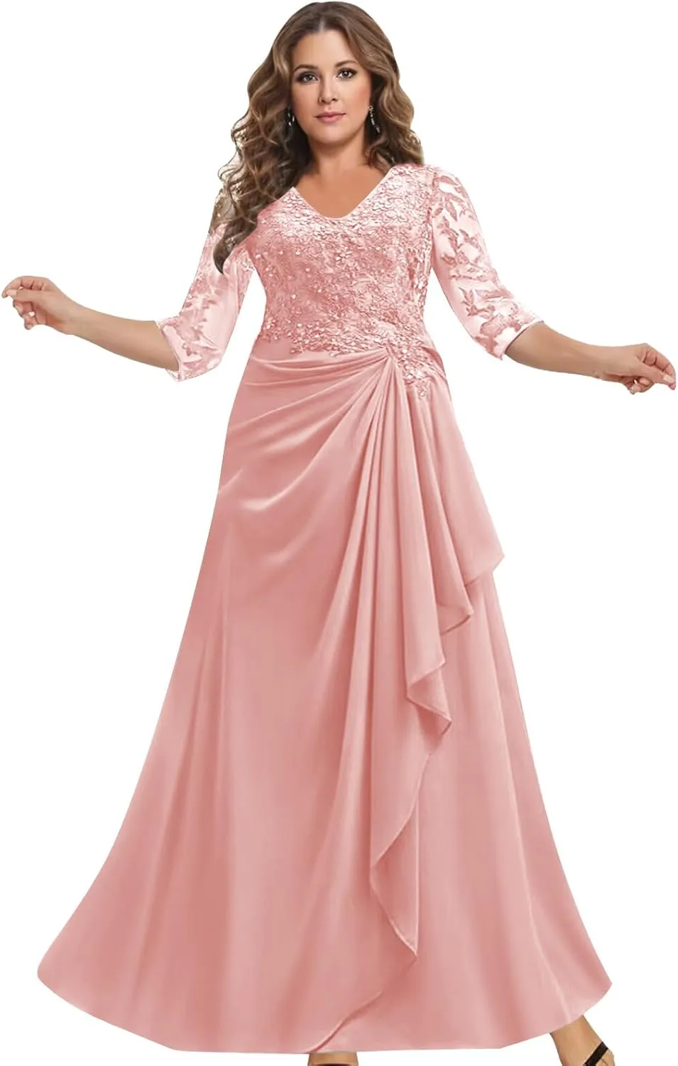 Mother of The Bride Dresses with Sleeves Lace Applique Chiffon V Neck Ruffle Long Formal Wedding Evening Dress