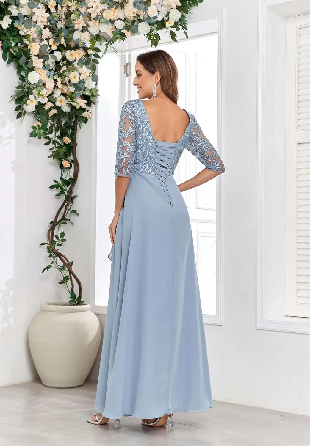 Mother of The Bride Dresses with Sleeves Lace Applique Chiffon V Neck Ruffle Long Formal Wedding Evening Dress
