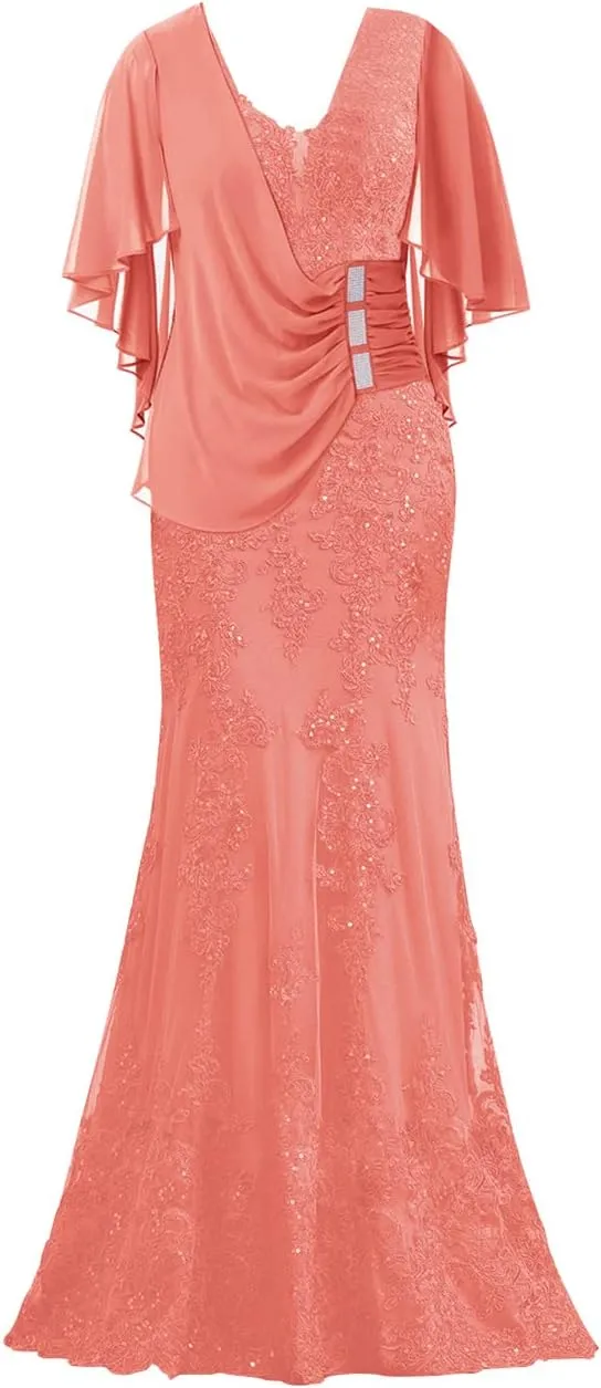 Mother of The Bride Dresses with Sleeves Long Evening Formal Party Dresses Lace Appliques Prom Dress