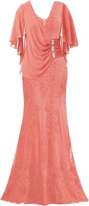 Mother of The Bride Dresses with Sleeves Long Evening Formal Party Dresses Lace Appliques Prom Dress