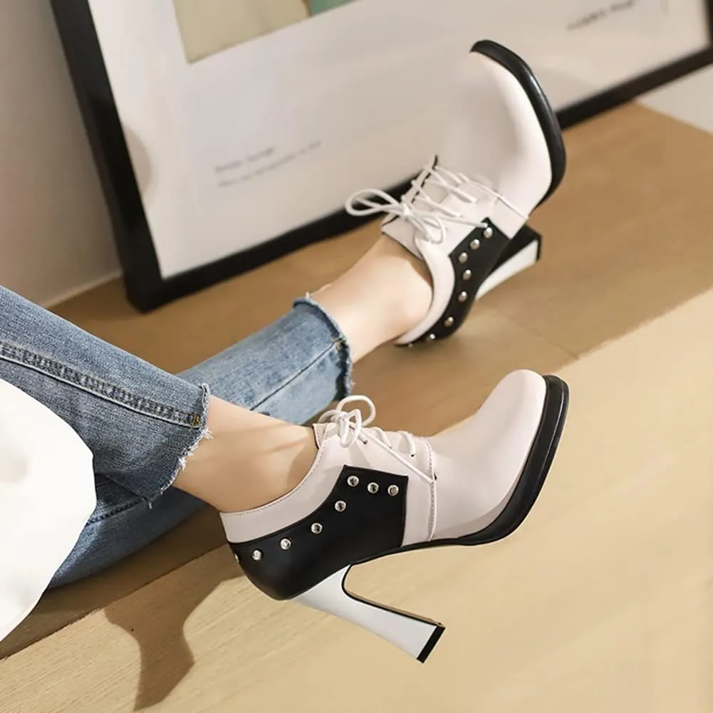 MRKEWUNEY Womens Chunky High Heels Mary Janes Lace Up