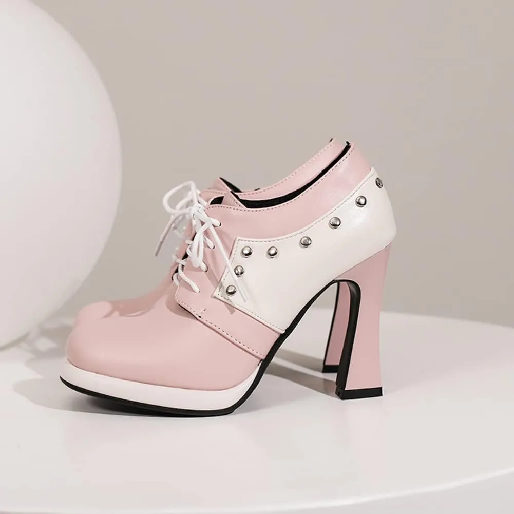MRKEWUNEY Womens Chunky High Heels Mary Janes Lace Up