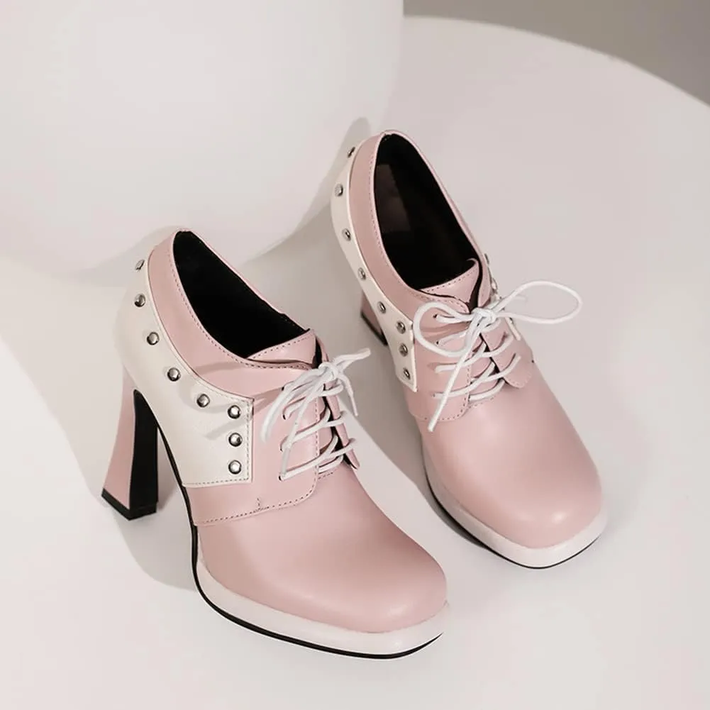 MRKEWUNEY Womens Chunky High Heels Mary Janes Lace Up