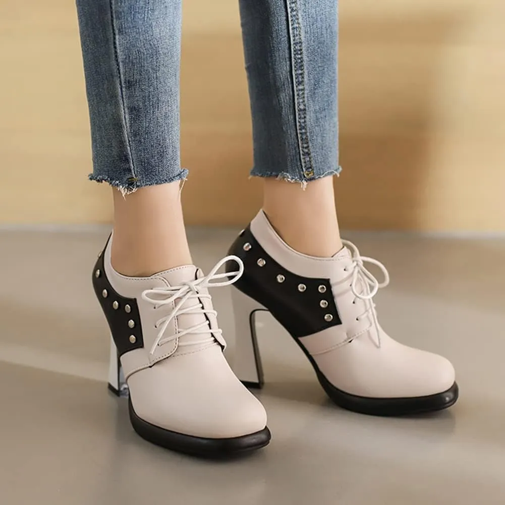 MRKEWUNEY Womens Chunky High Heels Mary Janes Lace Up