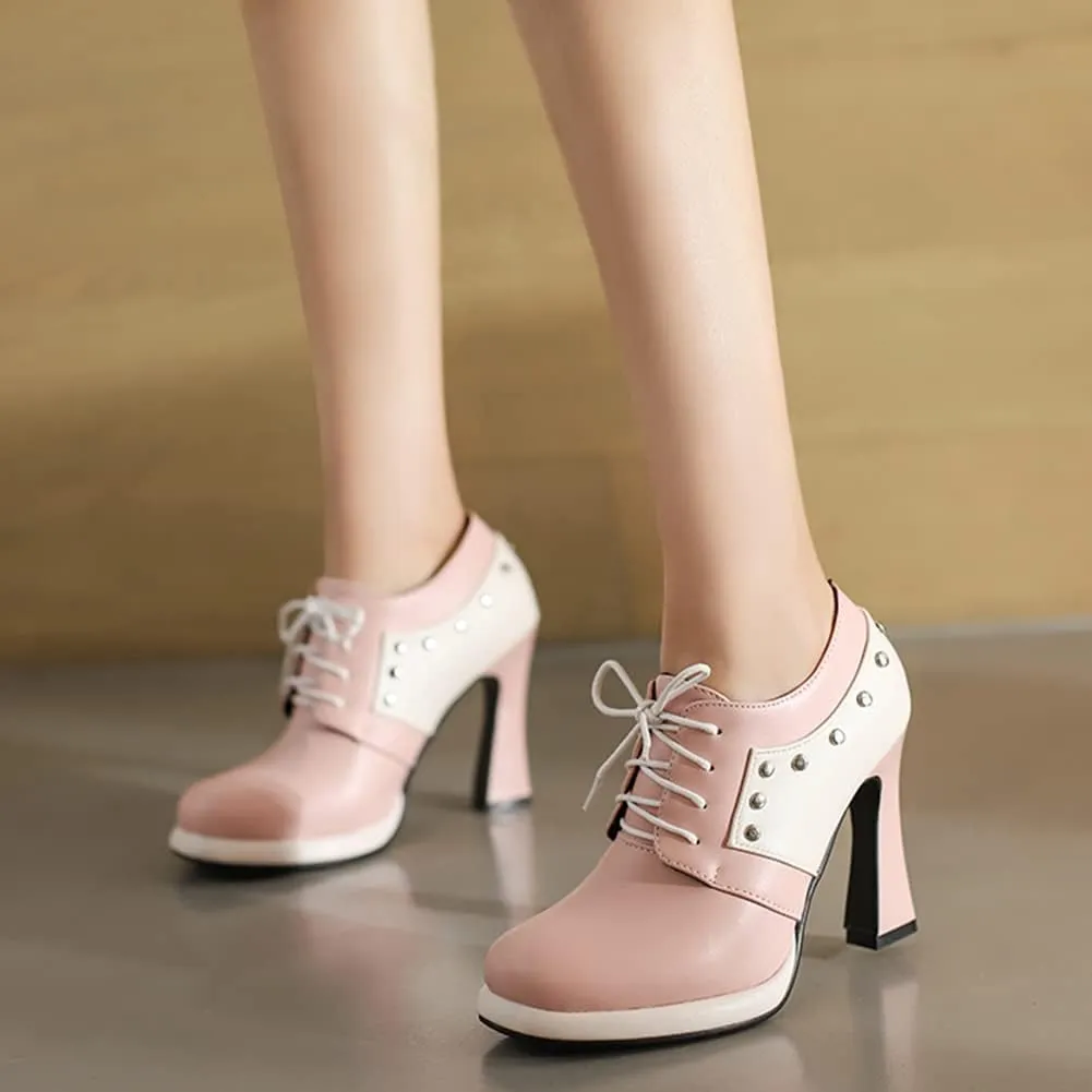 MRKEWUNEY Womens Chunky High Heels Mary Janes Lace Up
