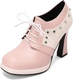 MRKEWUNEY Womens Chunky High Heels Mary Janes Lace Up