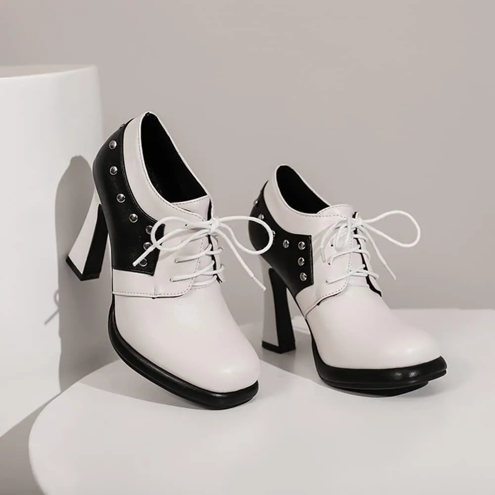 MRKEWUNEY Womens Chunky High Heels Mary Janes Lace Up