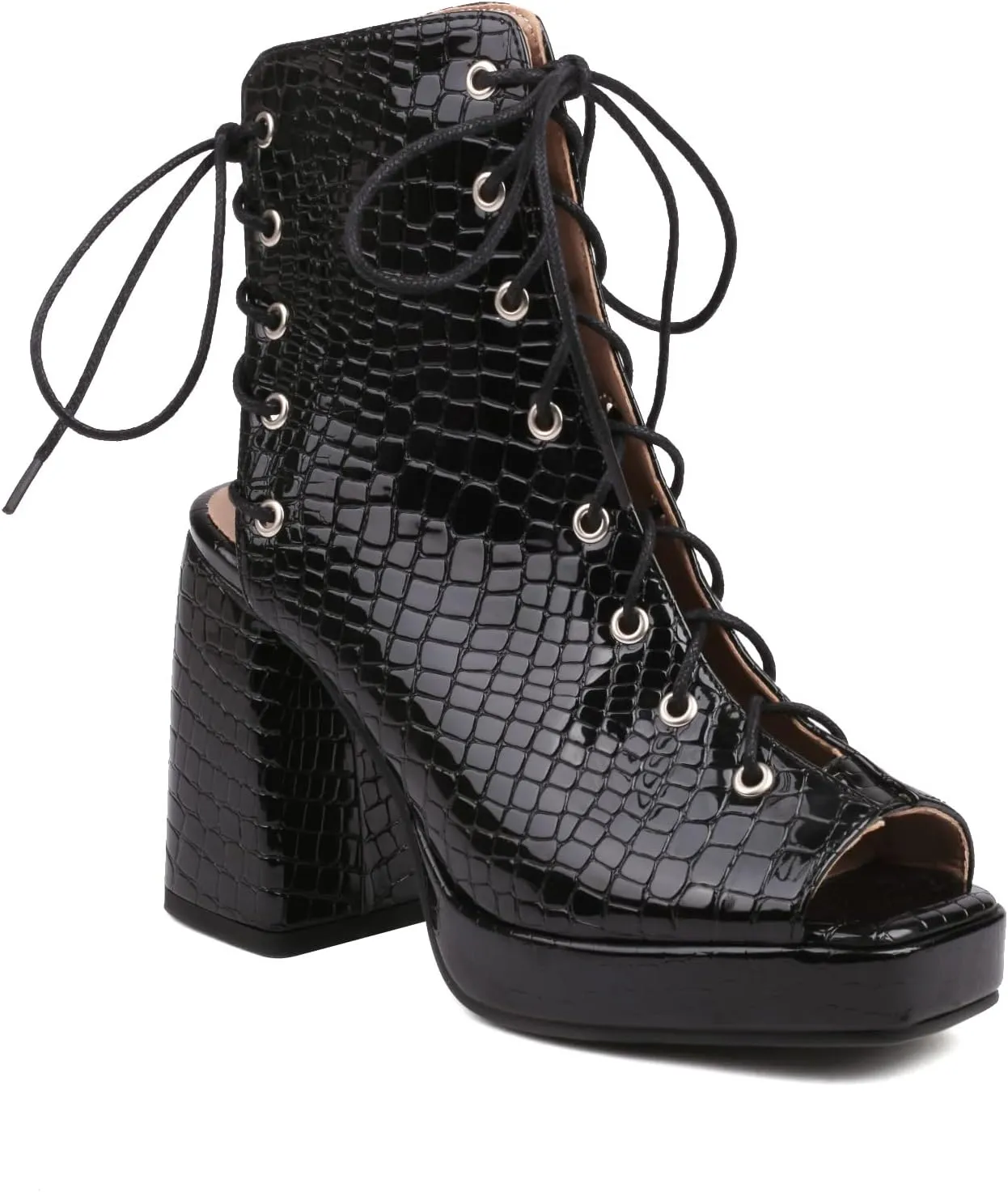 MRKEWUNEY Womens Gladiator Booties Lace Up Block Heels Booties Peep Toe Ankle Boots