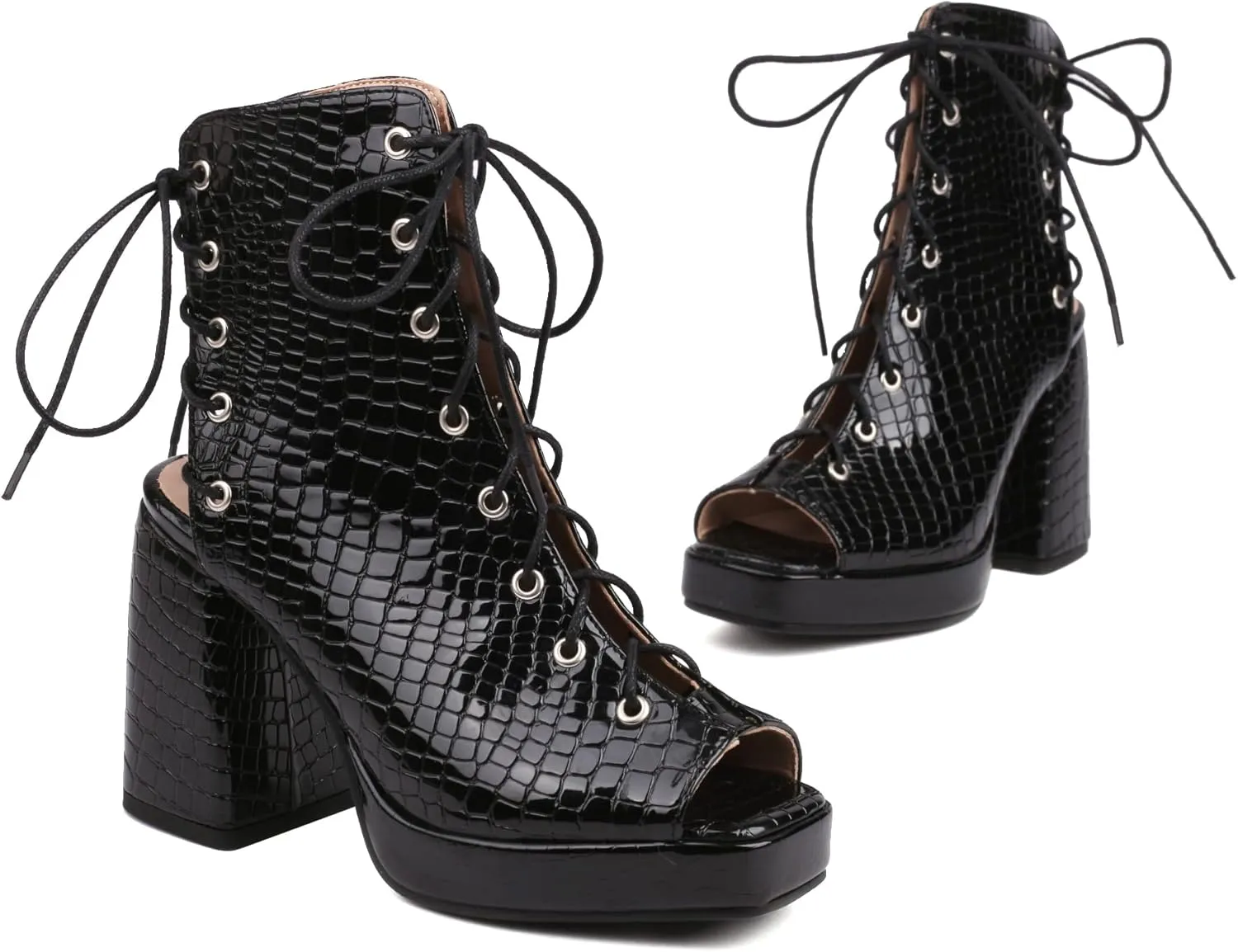 MRKEWUNEY Womens Gladiator Booties Lace Up Block Heels Booties Peep Toe Ankle Boots
