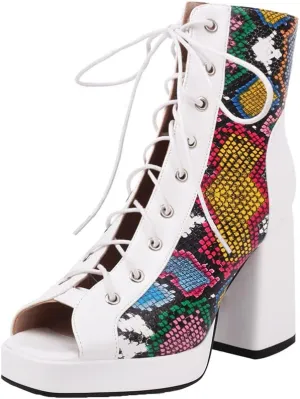 MRKEWUNEY Womens Gladiator Booties Lace Up Block Heels Booties Peep Toe Ankle Boots