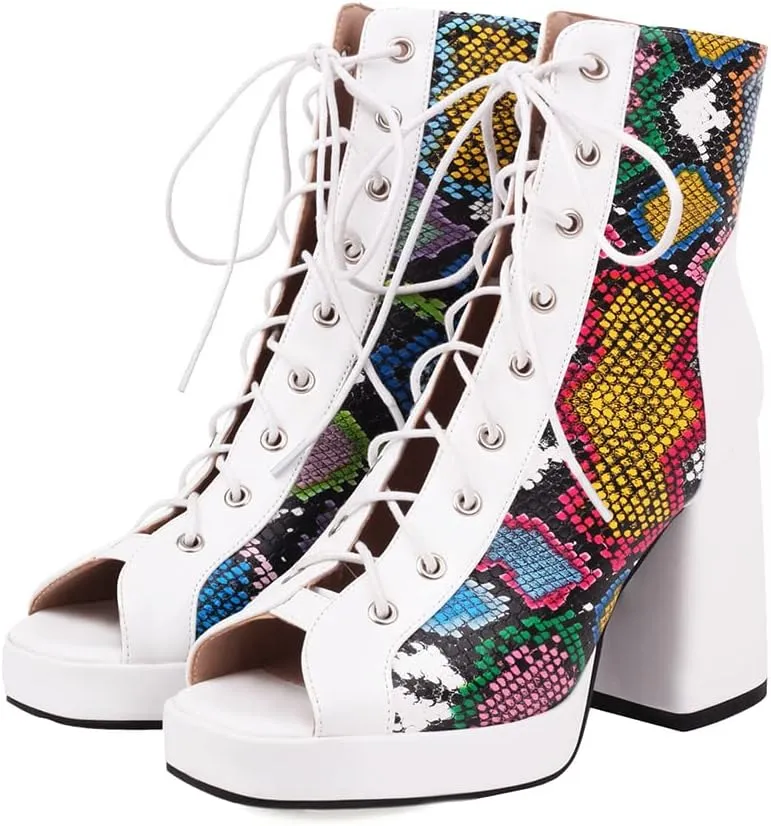 MRKEWUNEY Womens Gladiator Booties Lace Up Block Heels Booties Peep Toe Ankle Boots
