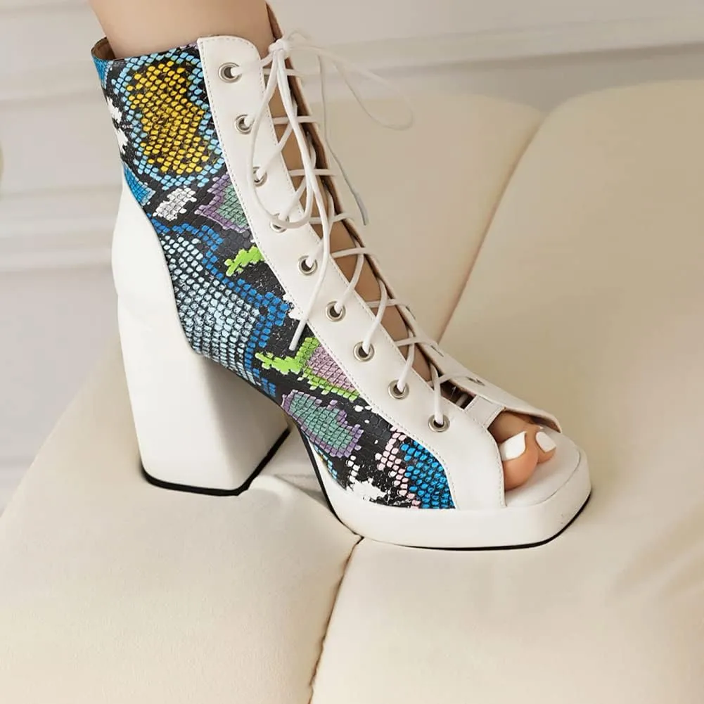 MRKEWUNEY Womens Gladiator Booties Lace Up Block Heels Booties Peep Toe Ankle Boots