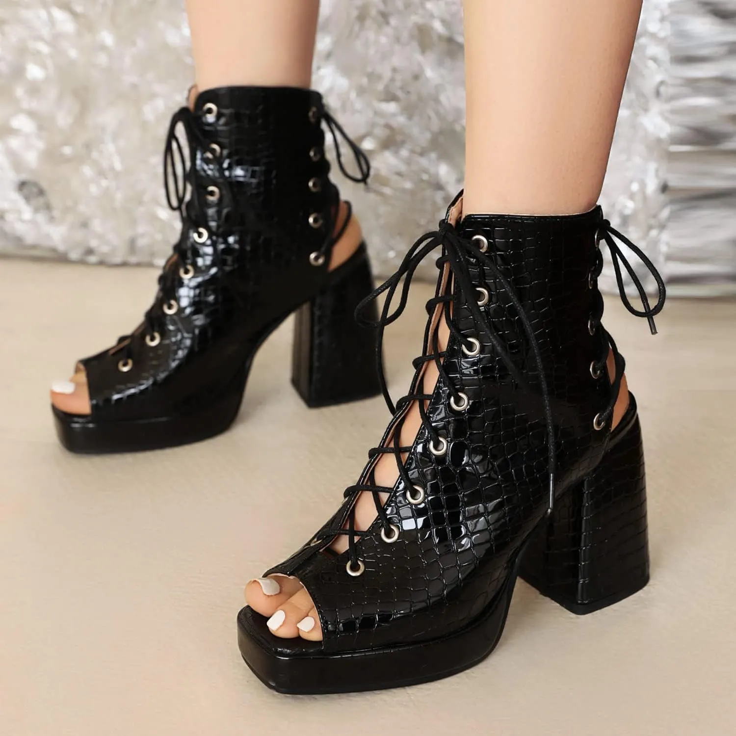 MRKEWUNEY Womens Gladiator Booties Lace Up Block Heels Booties Peep Toe Ankle Boots