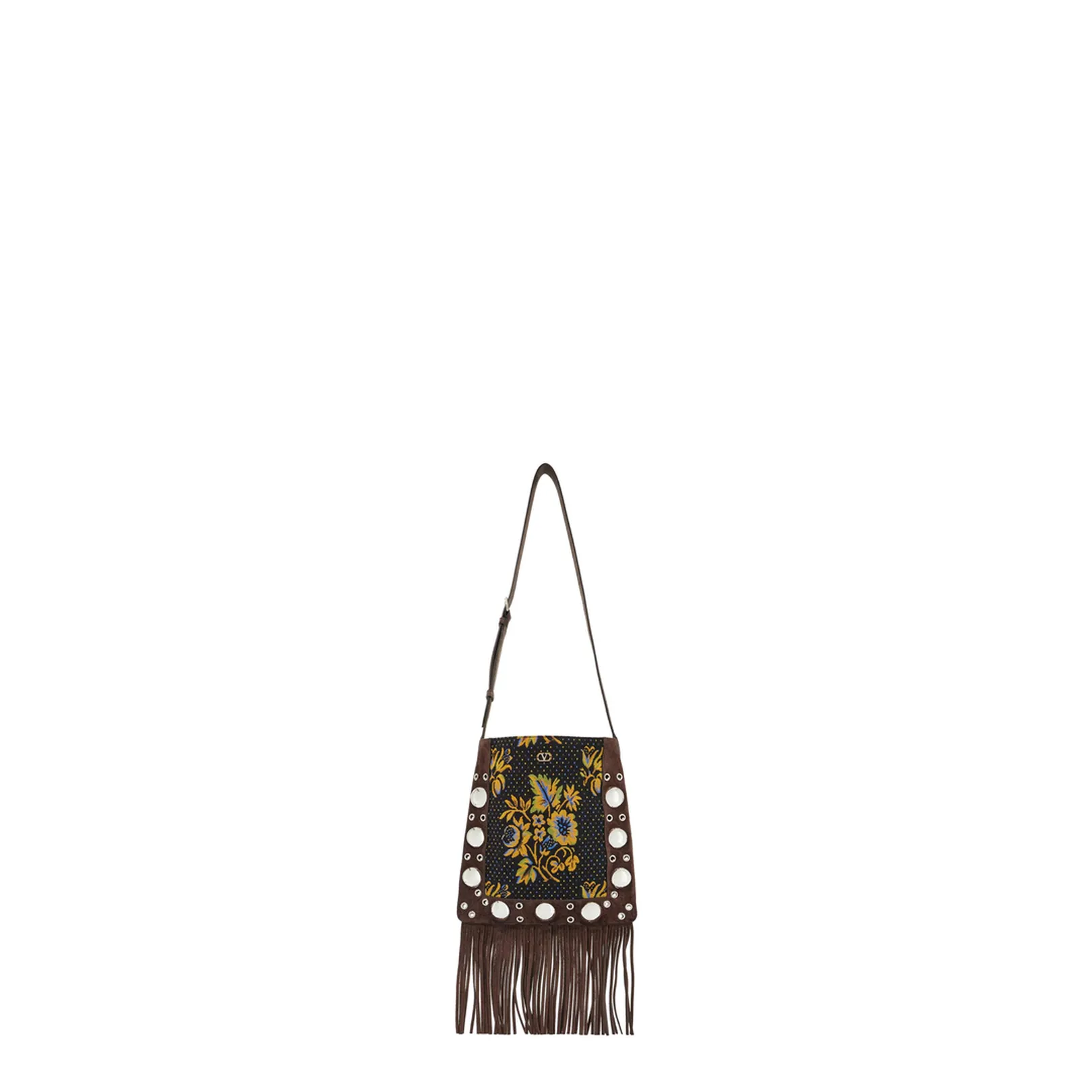 Multicolored Floral Crossbody Bag in Dark Brown with Fringes