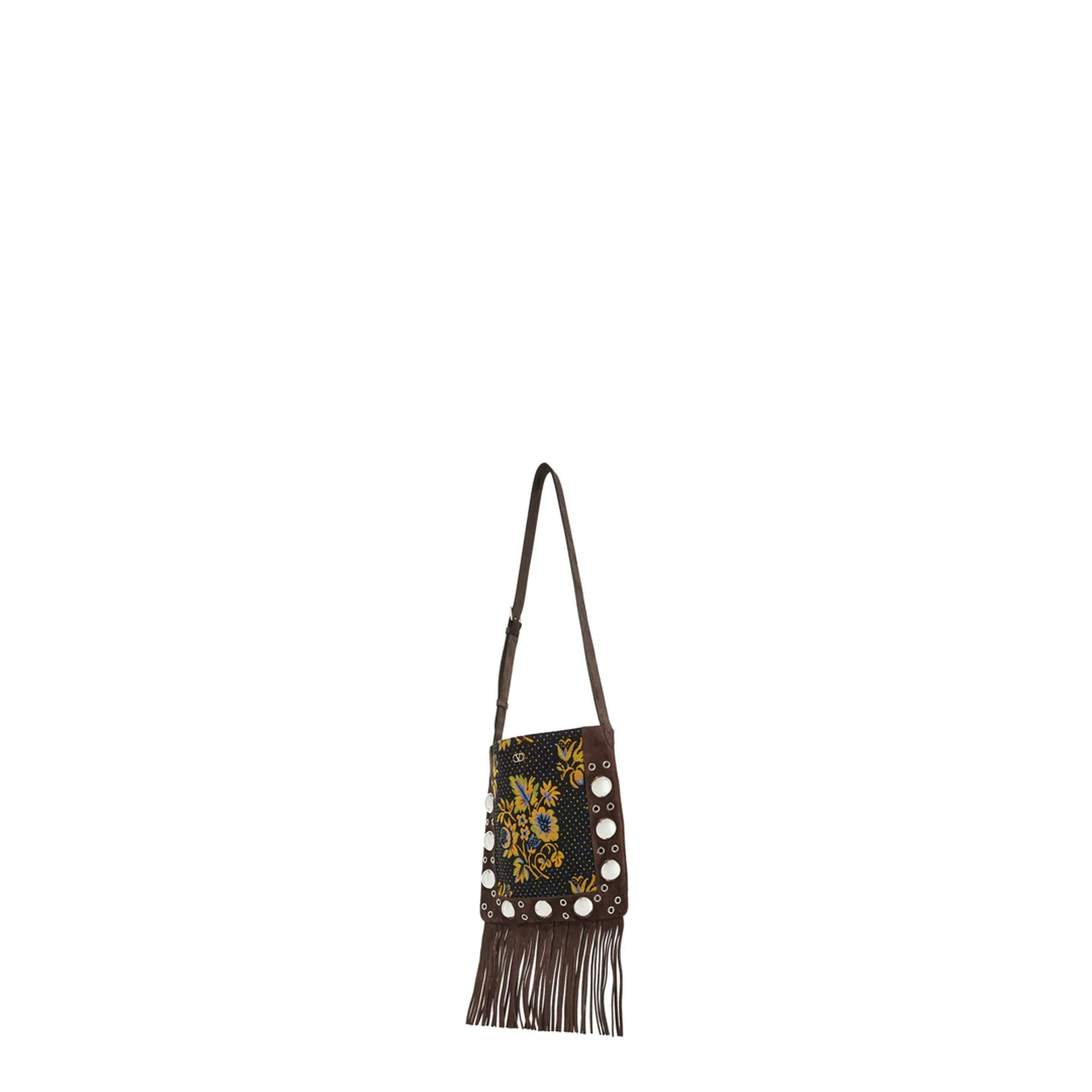 Multicolored Floral Crossbody Bag in Dark Brown with Fringes