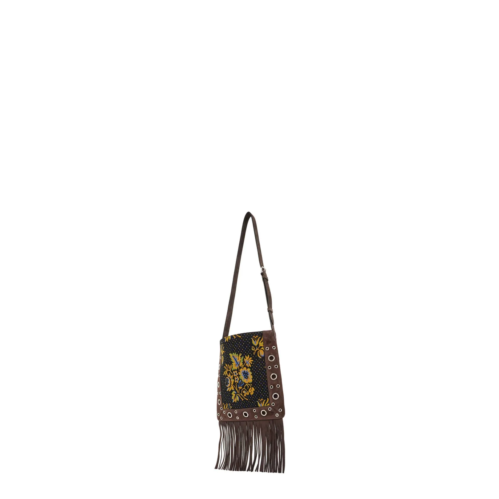 Multicolored Floral Crossbody Bag in Dark Brown with Fringes