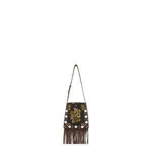Multicolored Floral Crossbody Bag in Dark Brown with Fringes